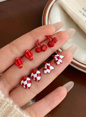 msj新年红色耳钉三件套女银针甜美喜庆小巧精致显白百搭过年耳饰