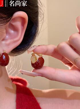 msj安可拉红色滴釉吊坠耳环女港风复古时尚百搭耳钉耳扣网红耳饰