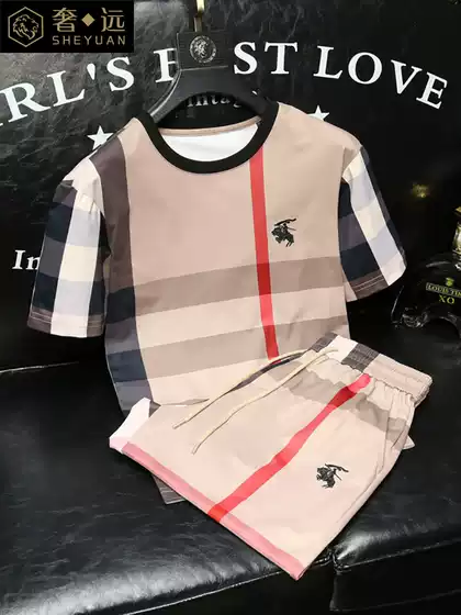 European High-End Brand Style Shorts Men's Casual Plaid Suit Trendy Slim-Fit Short-Sleeve T-Shirt Men's Summer New Style