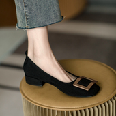 女鞋 方头粗跟单鞋 绒面浅口鞋 大码 软底舒适黑色气质工作职业鞋 防滑