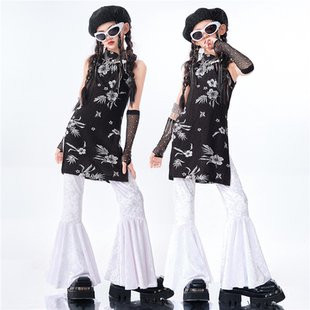 女童爵士舞服幼儿jazz舞蹈演出服走秀套装改良式旗袍喇叭裤复古潮