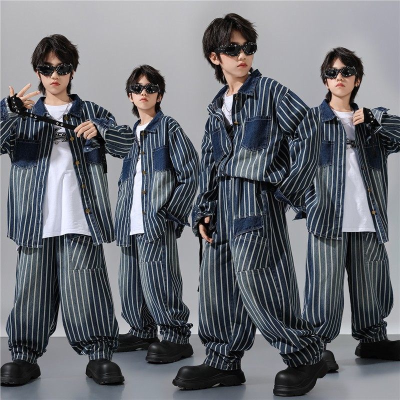 儿童街舞演出服中大童潮牌条纹牛仔套装男女童同款架子鼓走秀潮服