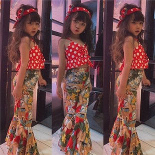 女童港风绑带亲子爵士舞喇叭裤抹胸活动套装拍照集体复古走秀演出