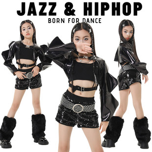 爵士舞服装女童黑色皮上衣潮酷女团打歌服儿童演出服模特走秀套装