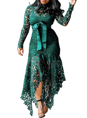 Lace hollow long sleeve stand collar lace irregular dress