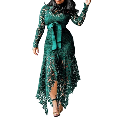 Lace hollow long sleeve stand collar lace irregular dress