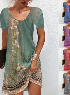 2024Summer Loose Round Neck Ethnic Style Printed Dress连衣裙