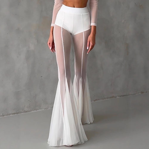 Women's Sexy Fashion Slim Hollow Mesh Flared Pants网纱喇叭裤