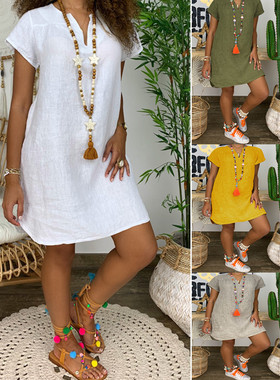 2024 Summer Loose Shortsleeve V-neck Solid Color Dress连衣裙