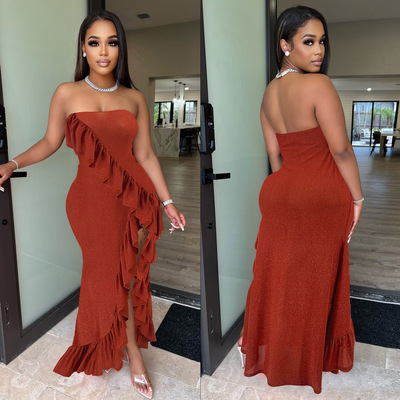 不规则荷叶边性感气质抹胸连衣裙