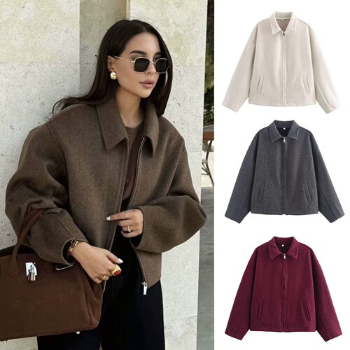 Women's Solid Color Loose Zipper Jacket 女装纯色阔型拉链外套