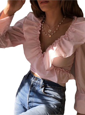 Fashionable ladies ruffled collar flared cuff long shirt
