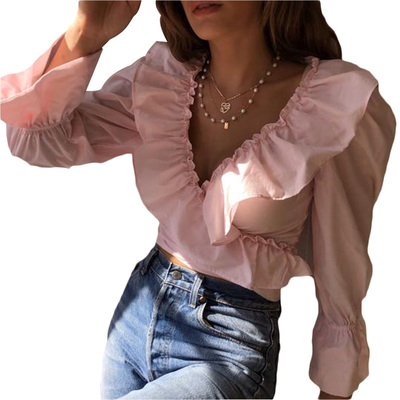 Fashionable ladies ruffled collar flared cuff long shirt
