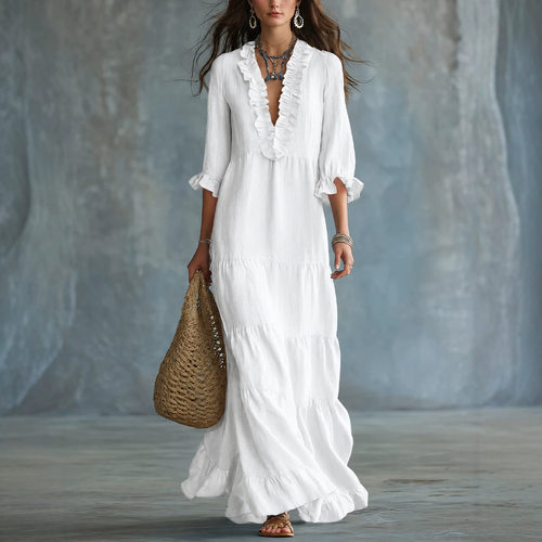 New Women's V-Neck Casual Long Ruffle Dress 休闲荷叶边连衣裙