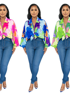 2023欧美女装蝙蝠袖翻领印花衬衫Bat sleeve lapel printed shirt