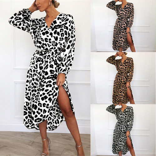 Women’s Leopard Print V-Neck Irregular Dress  女士v领连衣裙