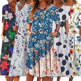dress with printed 休闲连衣裙印花口袋 Casual pockets women