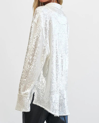 长袖衬衫亮片时尚宽松单排扣秋季