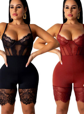 Women's Sexy Solid Lace Backless Bodysuit 性感纯色蕾丝连体衣