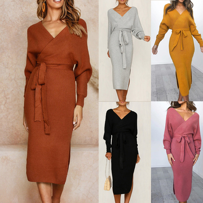 Long Sleeve V Neck Belted Knitwear Long Knitt dress