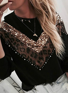 Women new sequined leopard print stitching longsleeve sweate
