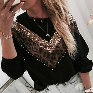 Women new sequined leopard print stitching longsleeve sweate