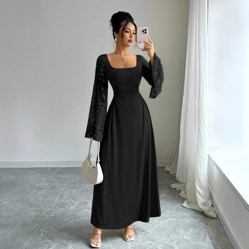 New Women's Elegant Square Neck Long-Sleeve Dress 气质连衣裙