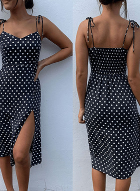 Womens Fashion Causal Dot Sleeveless High Waist V-Neck Dress