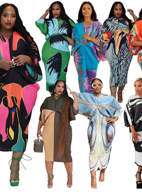 2024 Autumn V-neck Bat Sleeve Printed Dress 蝙蝠袖印花连衣裙