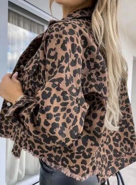 Women's leopard print short jacket春秋女豹纹长袖短款牛仔外套