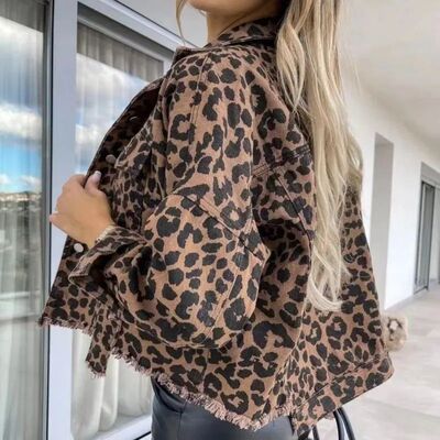 Women's leopard print short jacket春秋女豹纹长袖短款牛仔外套