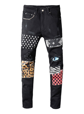 Men's rivets stars printed patchwork black jeans