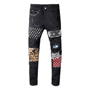 Men's rivets stars printed patchwork black jeans