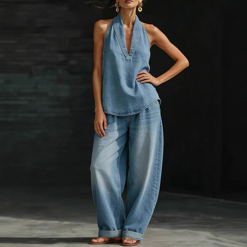 New Retro Denim Set Casual Pants for Women牛仔套装休闲长裤女