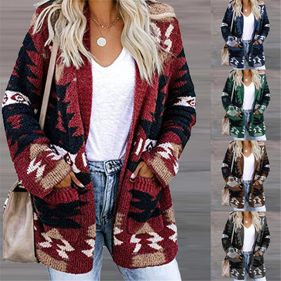 Loose Women's Sweater with Printed Knitted Cardigan 针织开衫
