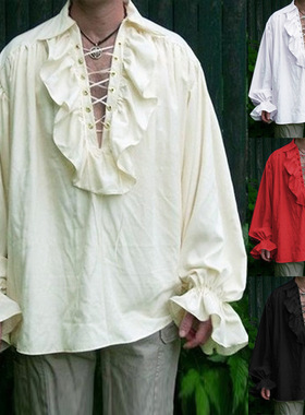 Men's solid color lace-up collared shirt男装纯色系带翻领衬衣