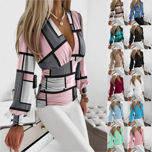 Women’s long-sleeve fashion V-neck printed shirt 印花衬衣女