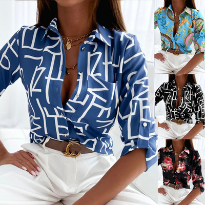 长袖衬衣印花时尚宽松单排扣秋季