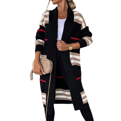 Women's striped loose cardigan knit sweater 条纹宽松开衫外套