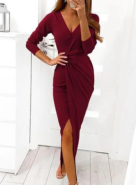 Autumn new style v-neck long-sleeved split evening dress