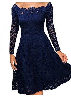 Women's autumn sexy lace one line collar off  shoulder dress