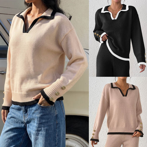 Women's Pullover Sweater with New Collared Top毛衣翻领女上衣