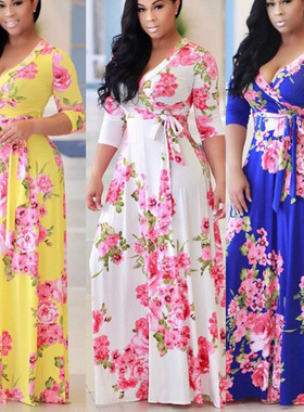 2024 Autumn women's V-neck printed large hem dress印花连衣裙