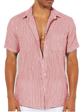 Men's Fashion Casual Short-Sleeve Striped Shirt 时尚休闲衬衫
