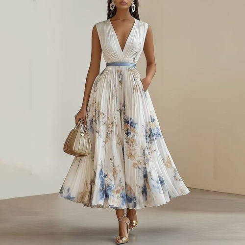 New Women's Printed V-Neck Sleeveless Fashion Dress 连衣女裙