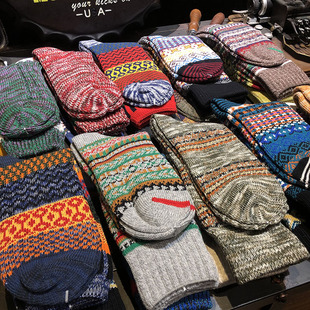 日系复古民族风加厚保暖长袜男士 百搭原宿风中筒粗线毛线纯棉袜潮