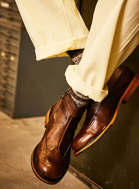 美式复古真皮雕花布洛克靴英伦风高帮牛皮男鞋拉链切尔西马丁短靴