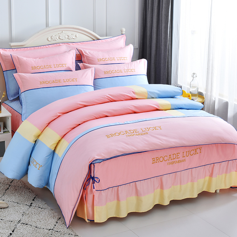 结婚庆嫁床上用品被套罩四件套100纯棉全棉床裙款夹棉加厚公主风4