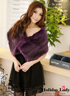 冬天女仿皮草婚纱晚礼服毛披肩新娘敬酒服姊妹裙坎肩遮手臂斗篷紫