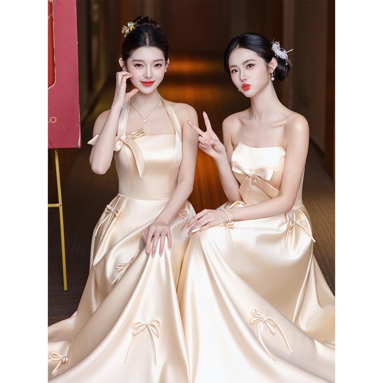 伴娘服小个子香槟色蝴蝶结礼服缎